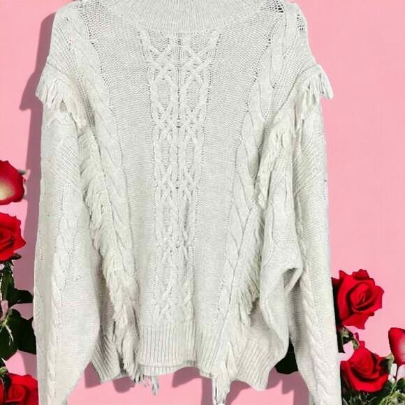 Leith Womens Sweater Small Beige Cream Cable Knit Fringe Mock Neck NWT - Picture 2 of 11